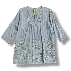 Johnny Was Slate Gray Eyelet Embroidered Tunic Top Boho Peasant Blouse‎ Small